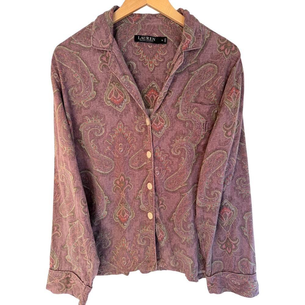 Lauren Ralph Lauren Paisley Button Up Shirt Womens XL Purple Boho Blouse